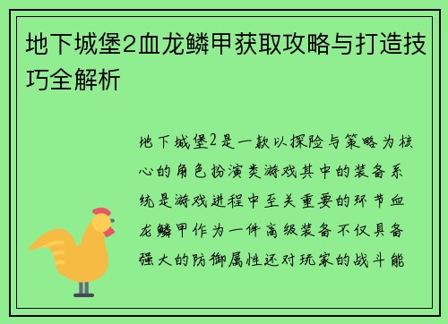 地下城堡2血龙鳞甲获取攻略与打造技巧全解析